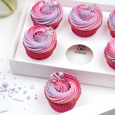 Olbaa cupcake boxes with rosette swirl cupcakes